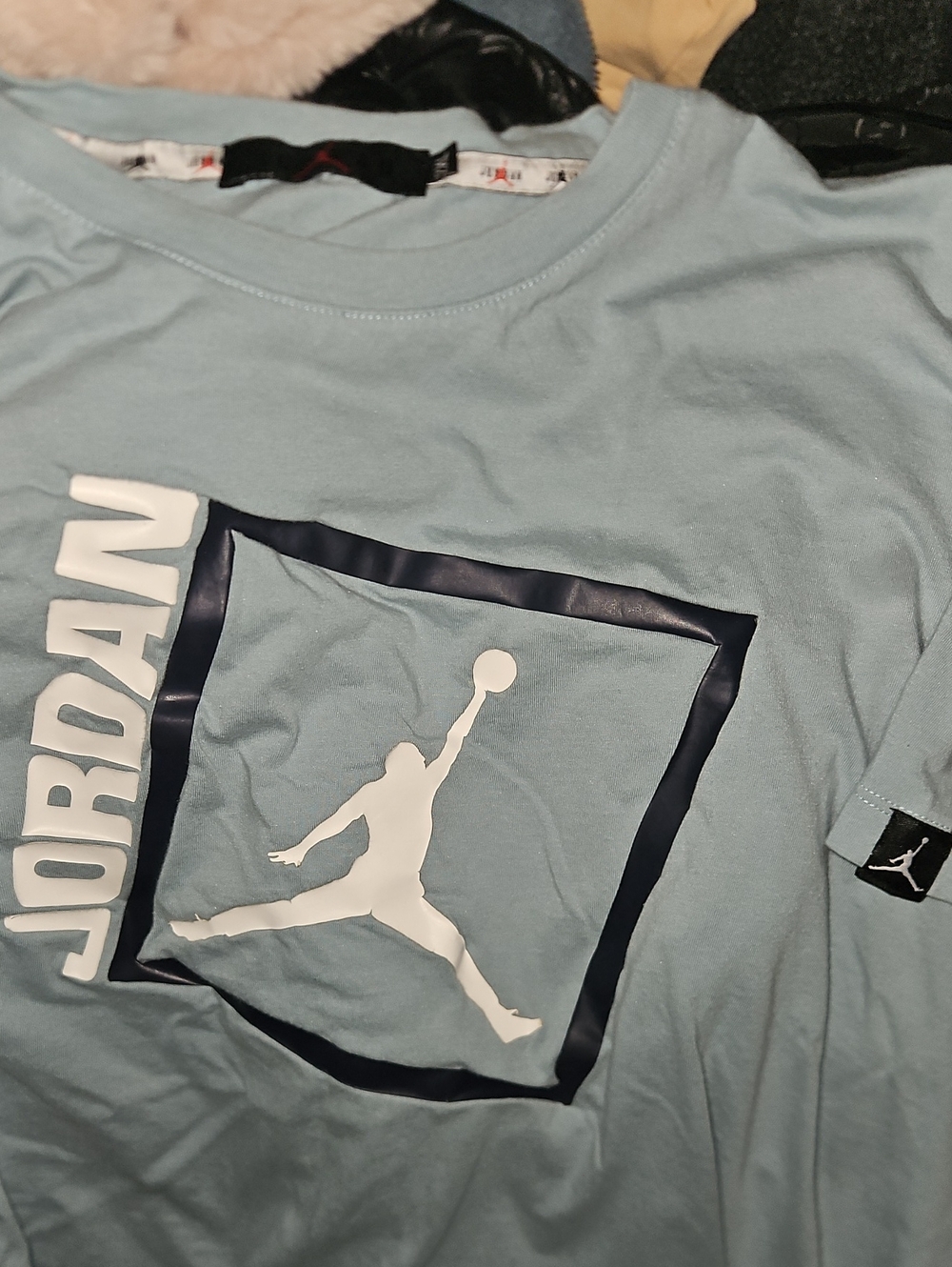 Jordan Light Blue Tee with White Jumpman and Navy Frame